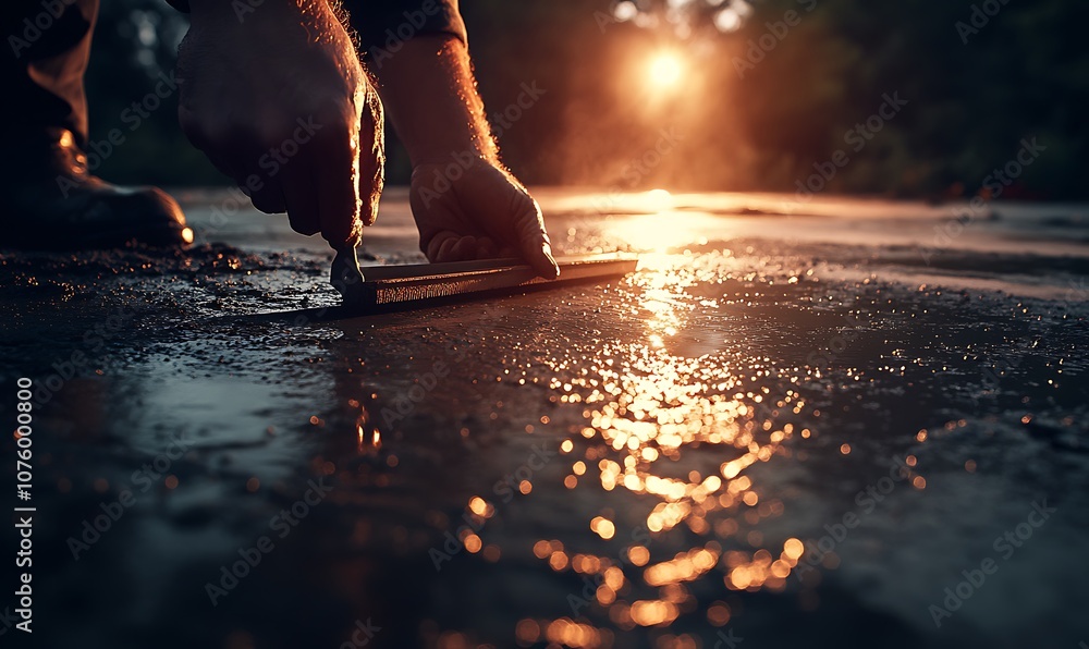 Poster a person's hands work with a tool on a wet surface, illuminated by a warm sunset, creating a reflect