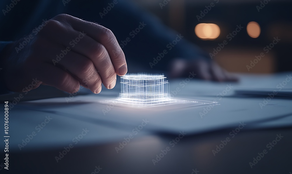 Poster a hand interacts with a glowing holographic display, showcasing modern technology on paper, highligh
