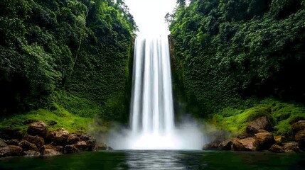 A breathtaking waterfall cascades down lush green cliffs, surrounded by dense foliage. The tranquil scene invites relaxation and appreciation of nature's beauty.