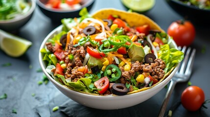 Bowl of Taco Salad with Seasoned Meat and Fresh Toppings