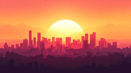 Dramatic Cityscape Silhouette Against Glowing Sunset Landscape