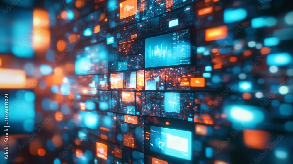 Poster diverse colored screens in grid pattern creating futuristic digital collage with blurred bokeh light
