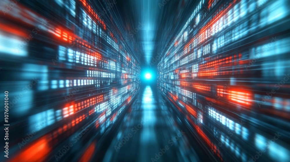 Aufkleber futuristic tunnel with grid pattern of red and blue lights illuminated by bright colors, creating en