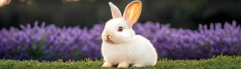 Obraz premium A cute white rabbit sitting peacefully on lush green grass with vibrant purple flowers in the background, embodying tranquility and natural beauty.