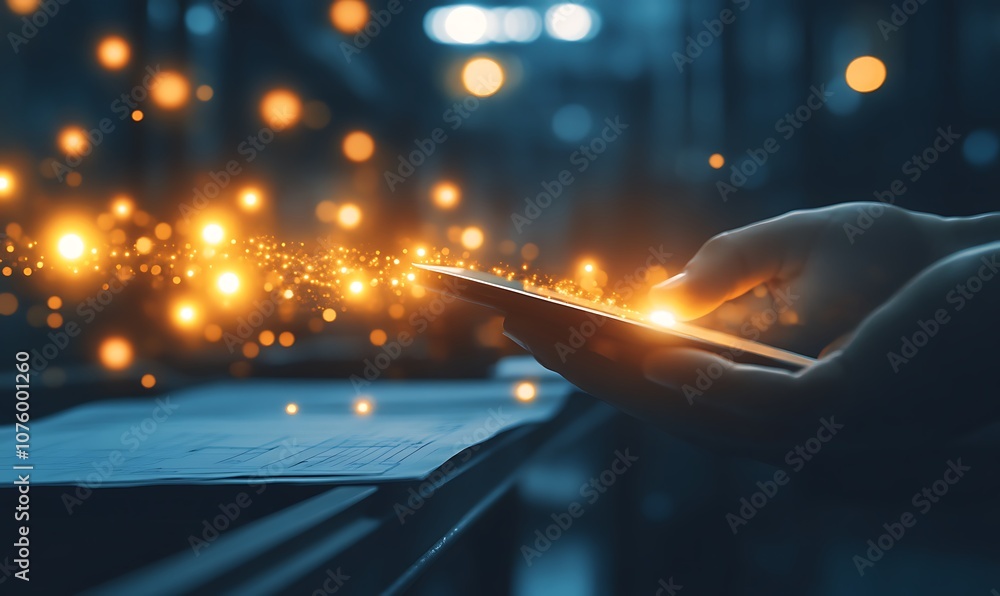 Poster A hand interacts with a tablet, surrounded by shimmering lights, creating a mystical and technological atmosphere in a dim environment.