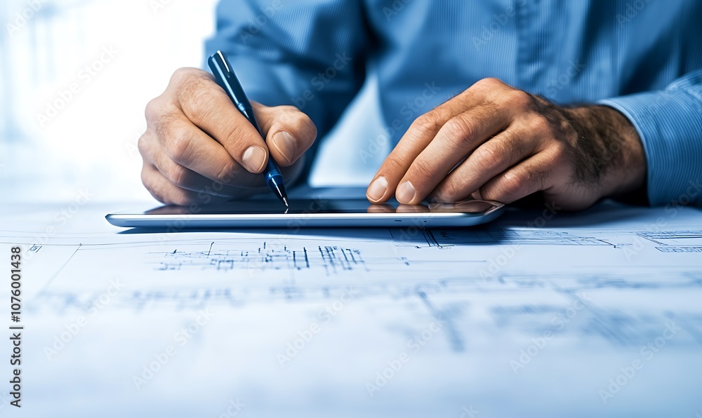 Poster a person writes on a tablet, using a pen, surrounded by printed papers, illustrating modern note-tak