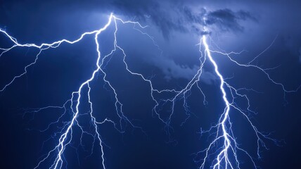 Fototapeta premium Dramatic Sky with Blue Lightning Bolts Striking Through Dark Clouds