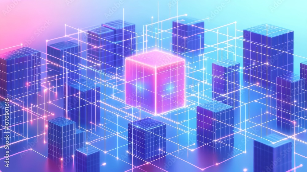 Poster futuristic cubes grid with pink cube and technological interface in blue and purple gradient backgro