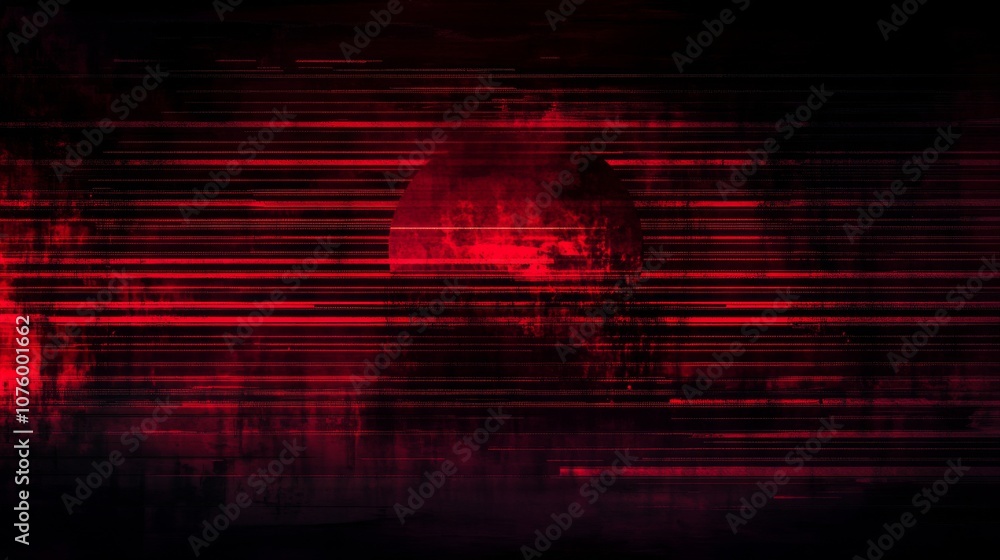 Poster abstract digital art: dark red background with diagonal lines, bold red circle focal point, creating