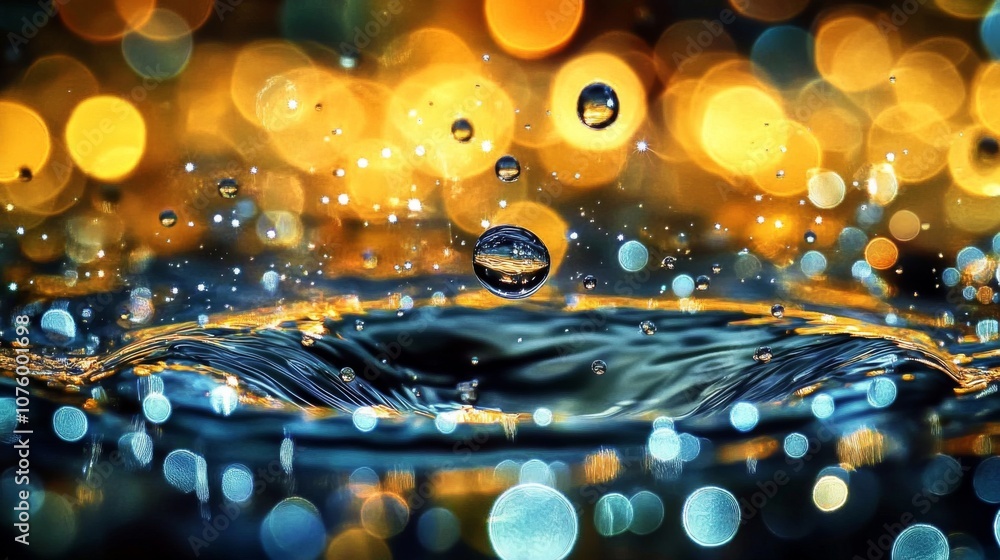 Poster dreamy water droplet with colorful bubbles on dark background creating wave-like pattern in orangish
