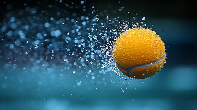 A yellow tennis ball with water droplets flying around it, set against a dark blue background.