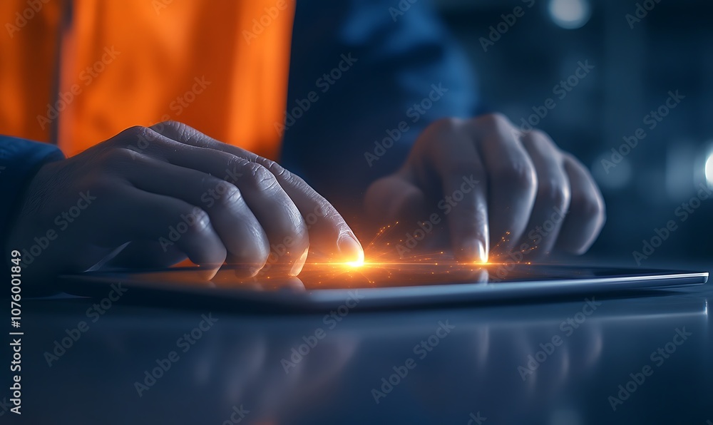 Aufkleber a worker in an orange vest interacts with a tablet, showcasing a blend of technology and manual task
