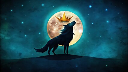 Wolf Howling at the Moon with a Golden Crown Above