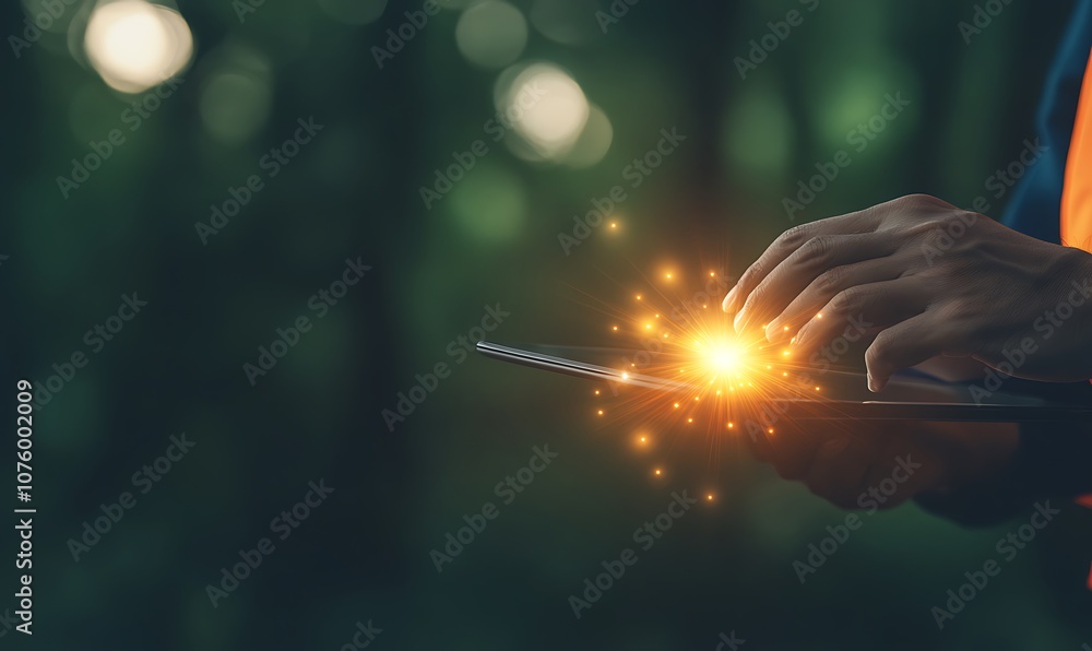 Poster A person uses a device in a forest, surrounded by soft light and sparkling effects, suggesting a blend of technology and nature.