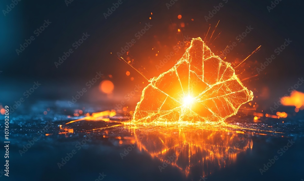 Poster a glowing, geometrically shaped object radiates light, creating an ethereal atmosphere, with orange 