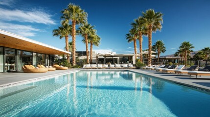 Cozy poolside patio at a modern mid-century house with lounge seating, surrounded by iconic Palm Springs palm trees and blue skies.