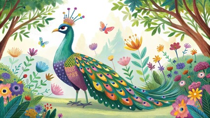 Fototapeta premium A Peacock Standing Proudly in a Lush Garden with Colorful Flowers and Butterflies