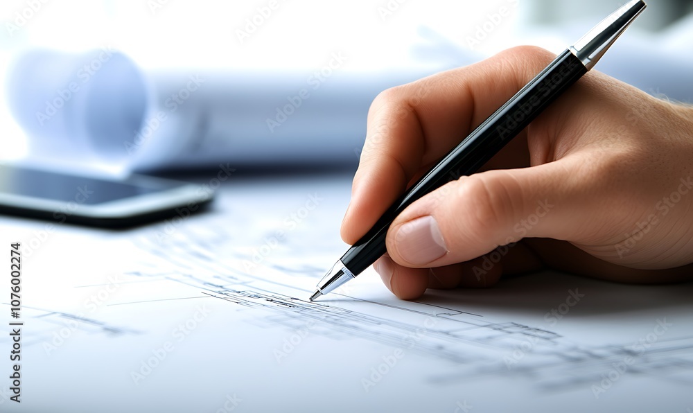 Poster a hand holding a pen writes on a sheet of paper, with a smartphone and rolled documents in the backg