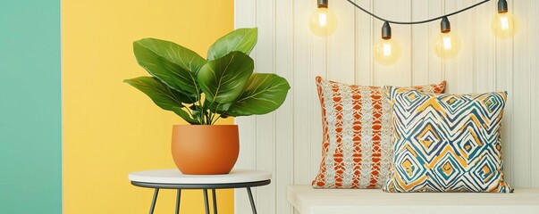 Colorful Bohemian balcony with patterned cushions, potted plants, hanging lights, and a small table, capturing a lively and inviting outdoor retreat with warm colors