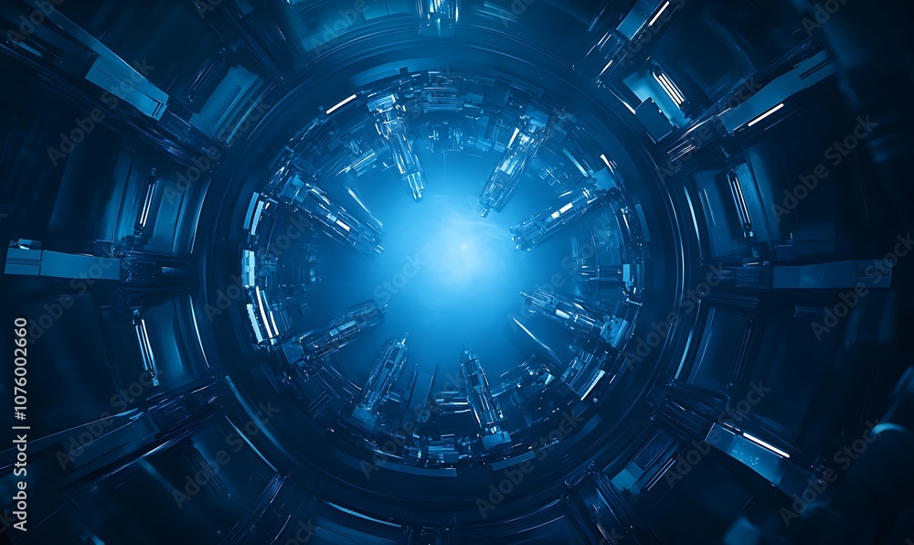 Aufkleber A futuristic, circular tunnel with a glowing blue light at its center, surrounded by intricate structures, evoking a sense of depth and mystery.