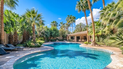Spacious backyard at a Palm Springs mid-century modern home, with palm trees surrounding a sparkling pool and lounge area.