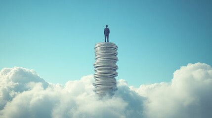 Man Standing on a Stack of Coins Above the Clouds