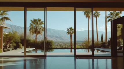 View of a sleek, minimalist Palm Springs house with floor-to-ceiling glass walls, palm trees, and desert landscaping with mountain views in the background.