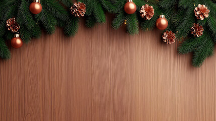 Christmas background with garland against a wooden background