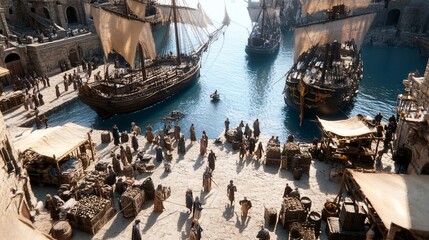 Bustling Medieval Port Town with Ships Docked