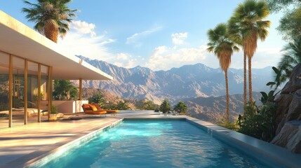 Fototapeta premium Wide-angle shot of a Palm Springs mid-century home with a swimming pool, palm trees, and panoramic views of surrounding mountains.