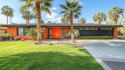 Obraz premium Vintage-style mid-century house with a bold color front door, clean lines, and palm trees lining the driveway, basking under the desert sun.