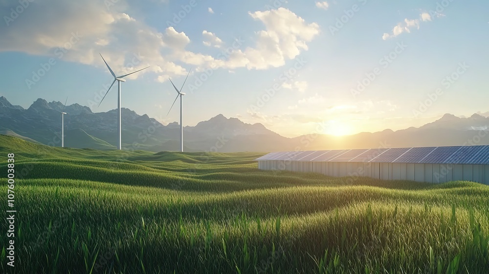 Wall mural Modern battery energy storage system with wind turbines and solar panels in lush green grass fields renewable power 3d illustration 4k image