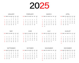 calendar for 2025. simple calendar for print, diary, app, website, ui, sticker, design element. transparent png and vector illustration.