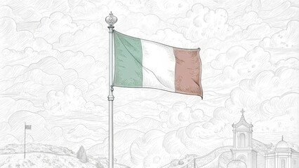Italian Flag Waving Over Hills and Church in Sketch Style