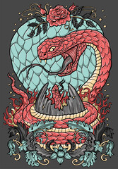 Hand drawn colorful vector illustration with snake - symbol of the year according to eastern horoscope and her child. Loving mother. Graphic artwork with esoteric, gothic and mystic concept