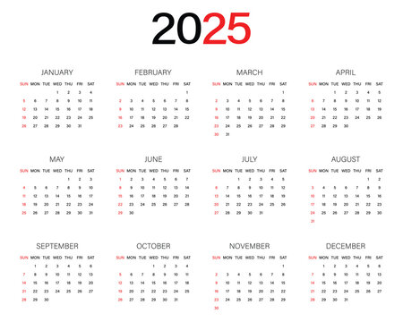 calendar for 2025. simple calendar for print, diary, app, website, ui, sticker, design element. transparent png and vector illustration.