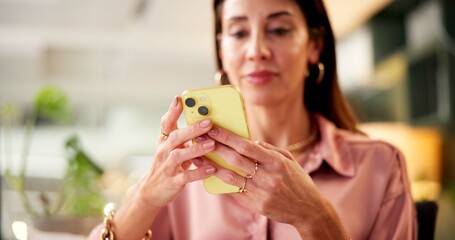 Business woman, office and mobile phone with typing as pr consultant in digital agency or company....