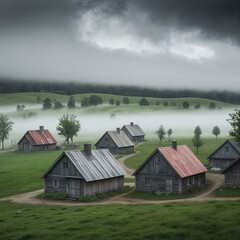 There are few houses in the green field and it is full of fog