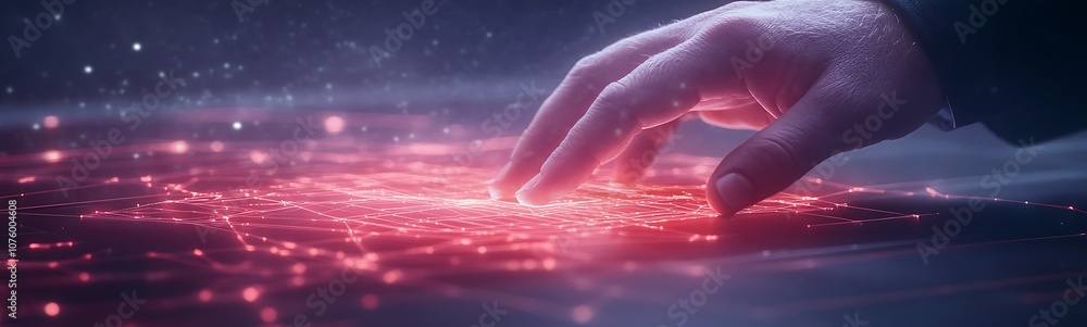 Poster a hand reaches towards a glowing, red digital surface, symbolizing interaction with technology and d