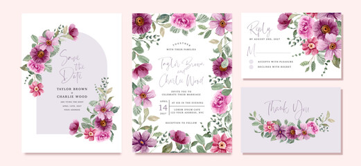 wedding invitation set with purple pink floral watercolor frame