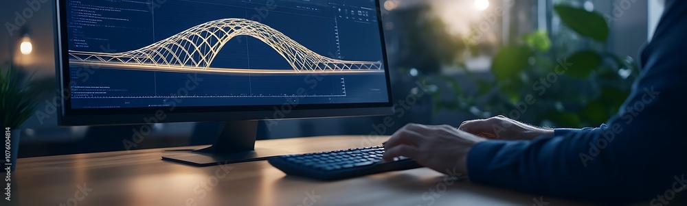 Leinwandbilder A user interacts with a monitor displaying a digital design of a bridge, surrounded by greenery in a modern workspace.