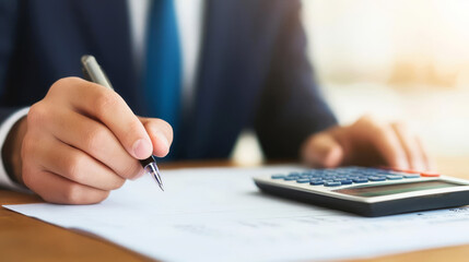 A person writing notes while using a calculator, focused on financial tasks, with a professional appearance and a bright workspace atmosphere.