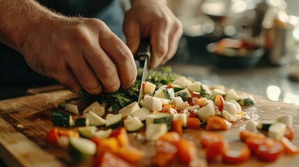 Fototapeta premium Close-up of a chef chopping vegetables on a wooden cutting board