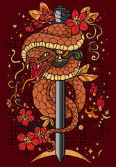 Hand drawn vector colorful illustration with sword and snake - symbol of the year according to eastern horoscope. Graphic artwork with esoteric, gothic and mystic concept, mythology and legend