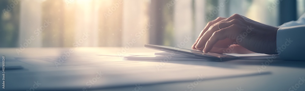 Poster a soft-lit hand typing on a tablet or smartphone, showcasing a modern workspace filled with natural 