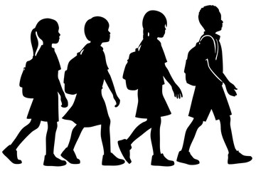 silhouette illustration of Kid student, school children silhouette, kids back to school silhouette, vector illustration, on white background.