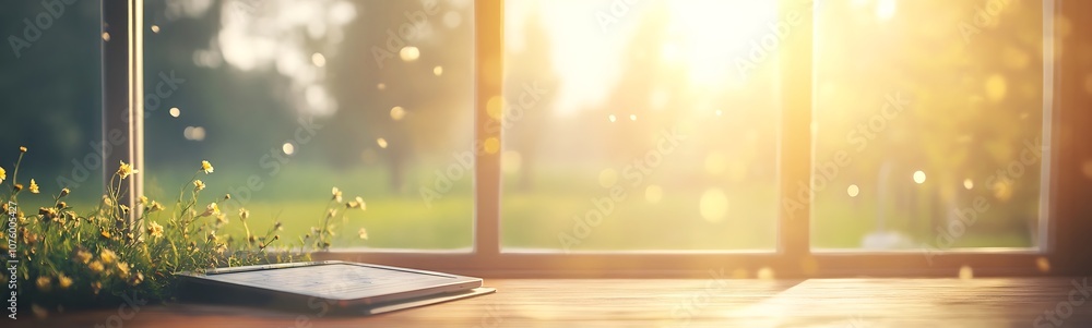 Poster a serene scene with sunlight streaming through a window, illuminating a soft, grassy area beside a c