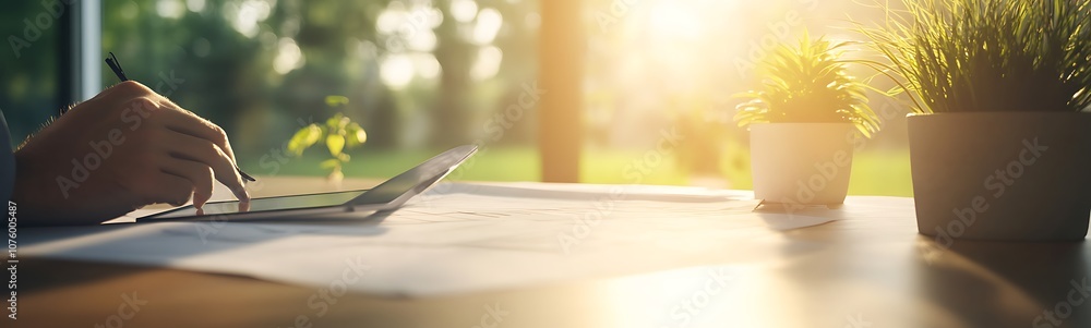 Poster a serene workspace with sunlight filtering through greenery, showcasing a person writing on paper be