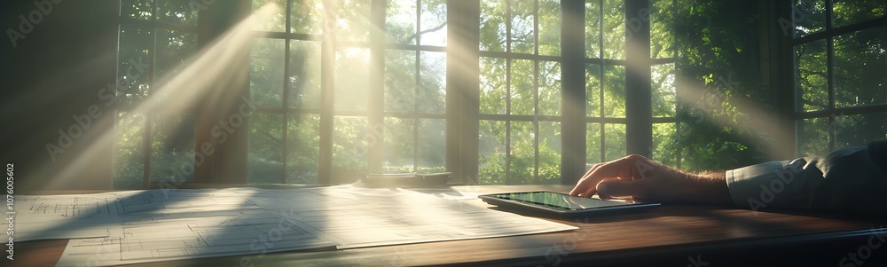 Leinwandbilder a serene workspace bathed in sunlight, featuring a hand on a keyboard, surrounded by lush greenery a
