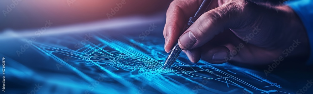 Poster A hand holding a pen interacts with a glowing, digital interface displaying intricate data patterns and designs.